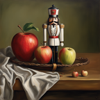 A still life with a nutcracker cracking an apple.
