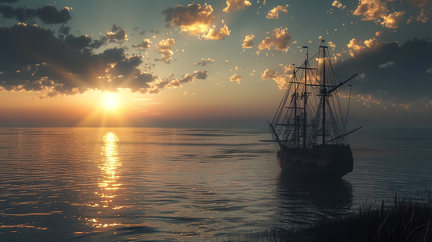 A historical reenactment image showing a serene